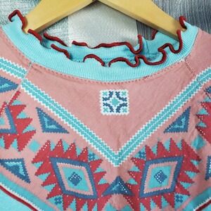 Vintage 80s Western Bolo Tie Sweatshirt Turquoise Red Aztec Print Mock Neck